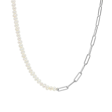 Pearl Paperclip Chain Necklace, 16" Silver
