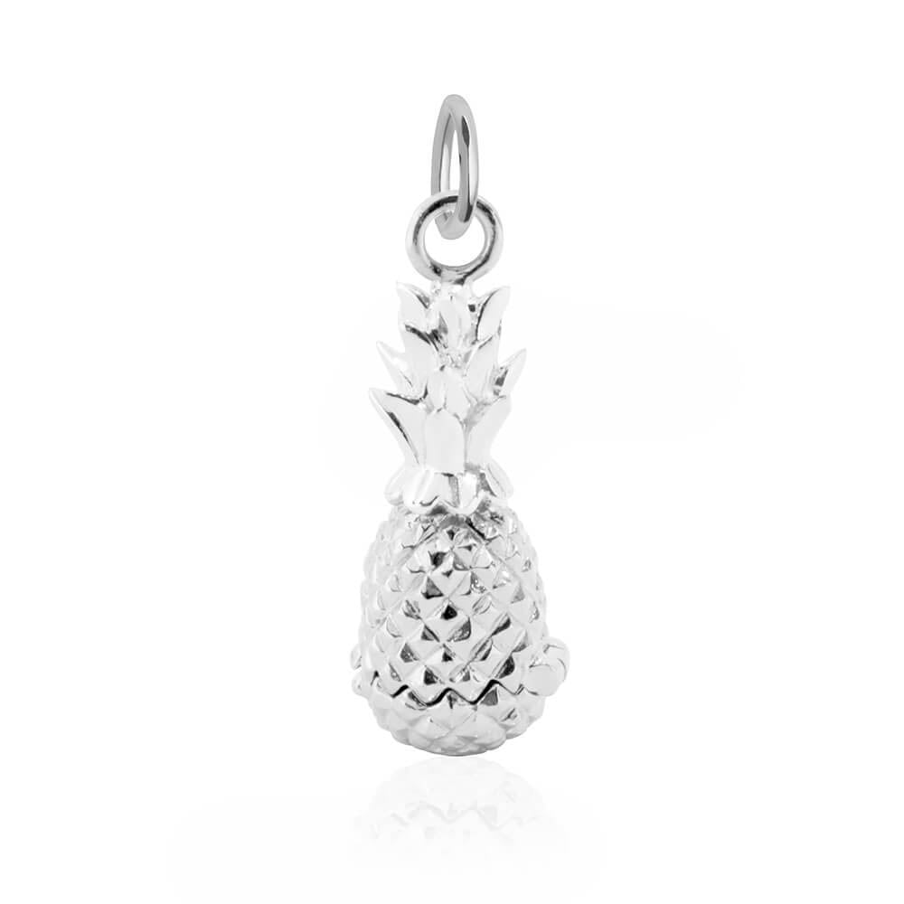 Sterling Silver Charm featuring a detailed 3D pineapple design with textured fruit skin, spiky leaves, and a polished jump ring.