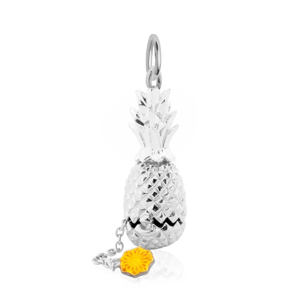 Sterling Silver and Enamel Charm featuring a 3D pineapple design with a textured body and a yellow interior slice.