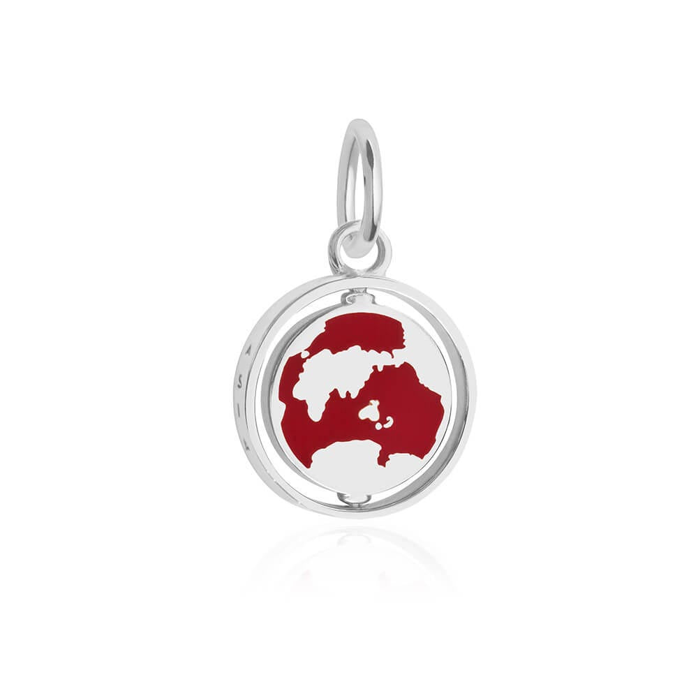Sterling Silver Enamel Charm featuring a circular spinner design with a red world map motif and polished silver finish.