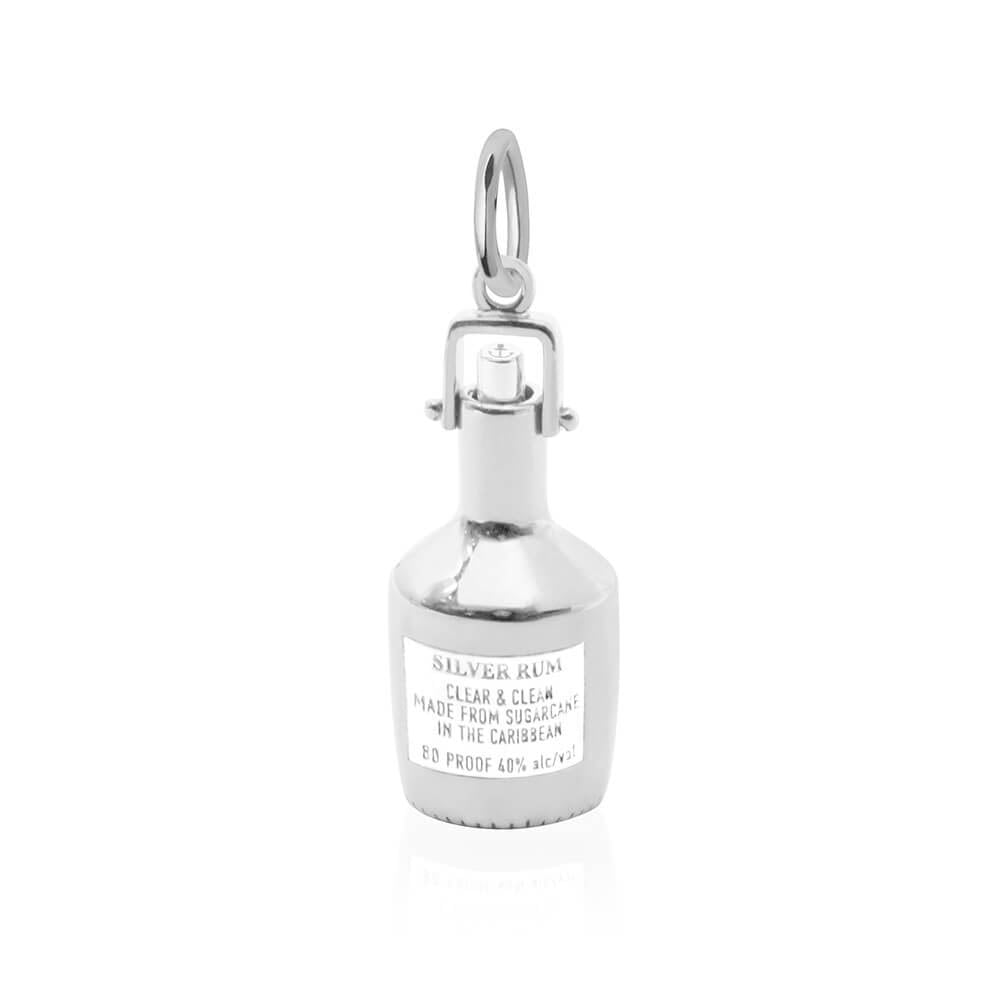 Sterling Silver Charm featuring a 3D rum bottle design with Silver Rum engraving and Caribbean sugarcane origin text details.