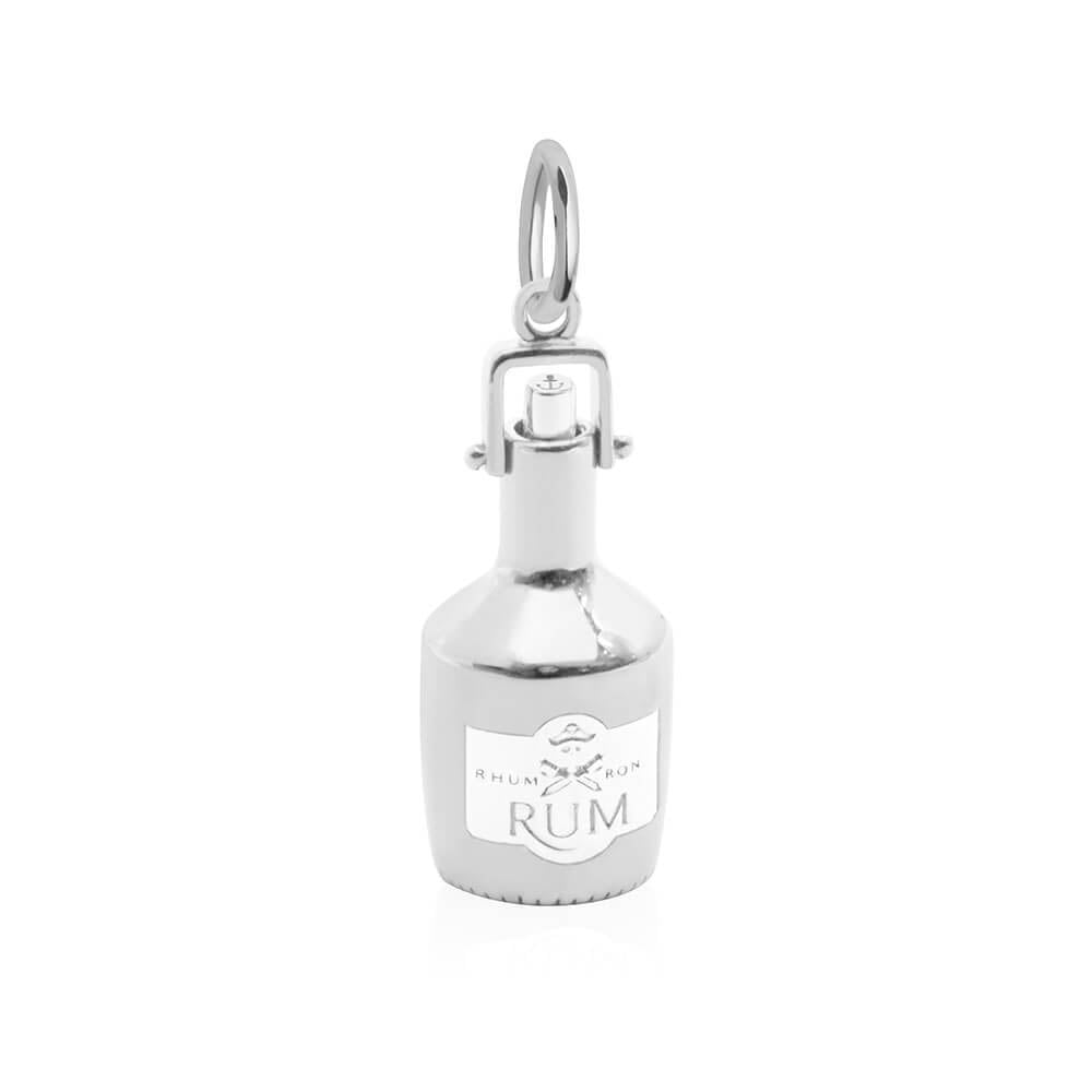 Sterling Silver Charm in a 3D rum bottle shape with RUM engraving, skull and crossbones motif, and mechanical topper.