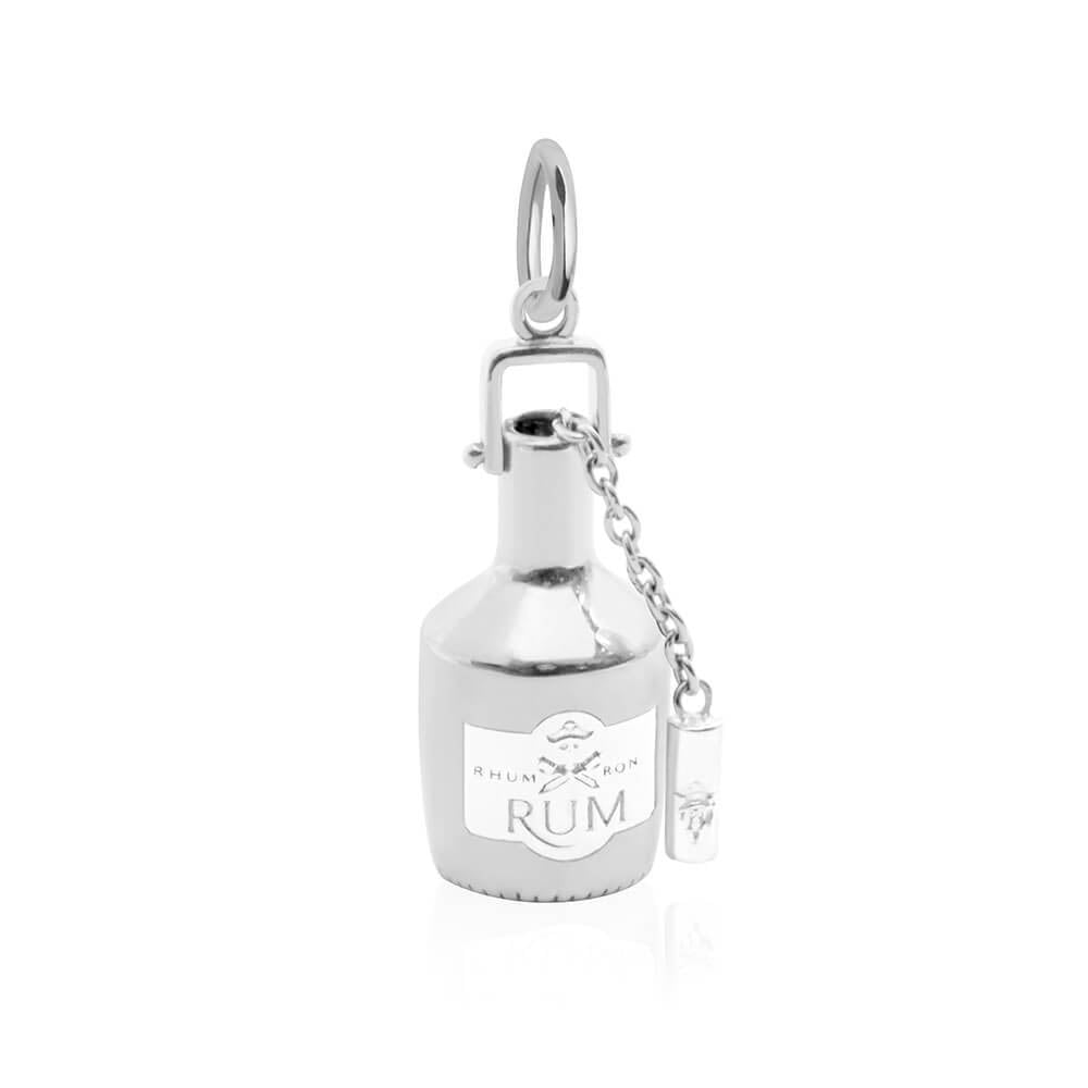 Sterling Silver Charm featuring a 3D rum bottle design with Rhum and Ron engravings, pirate logo, and attached chain.