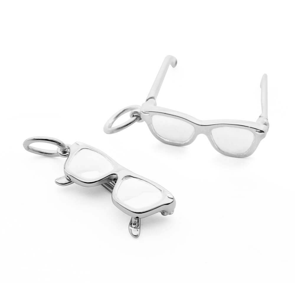 Sterling Silver charm featuring a detailed 3D eyeglasses design with realistic frames, temple arms, and a polished metallic finish.