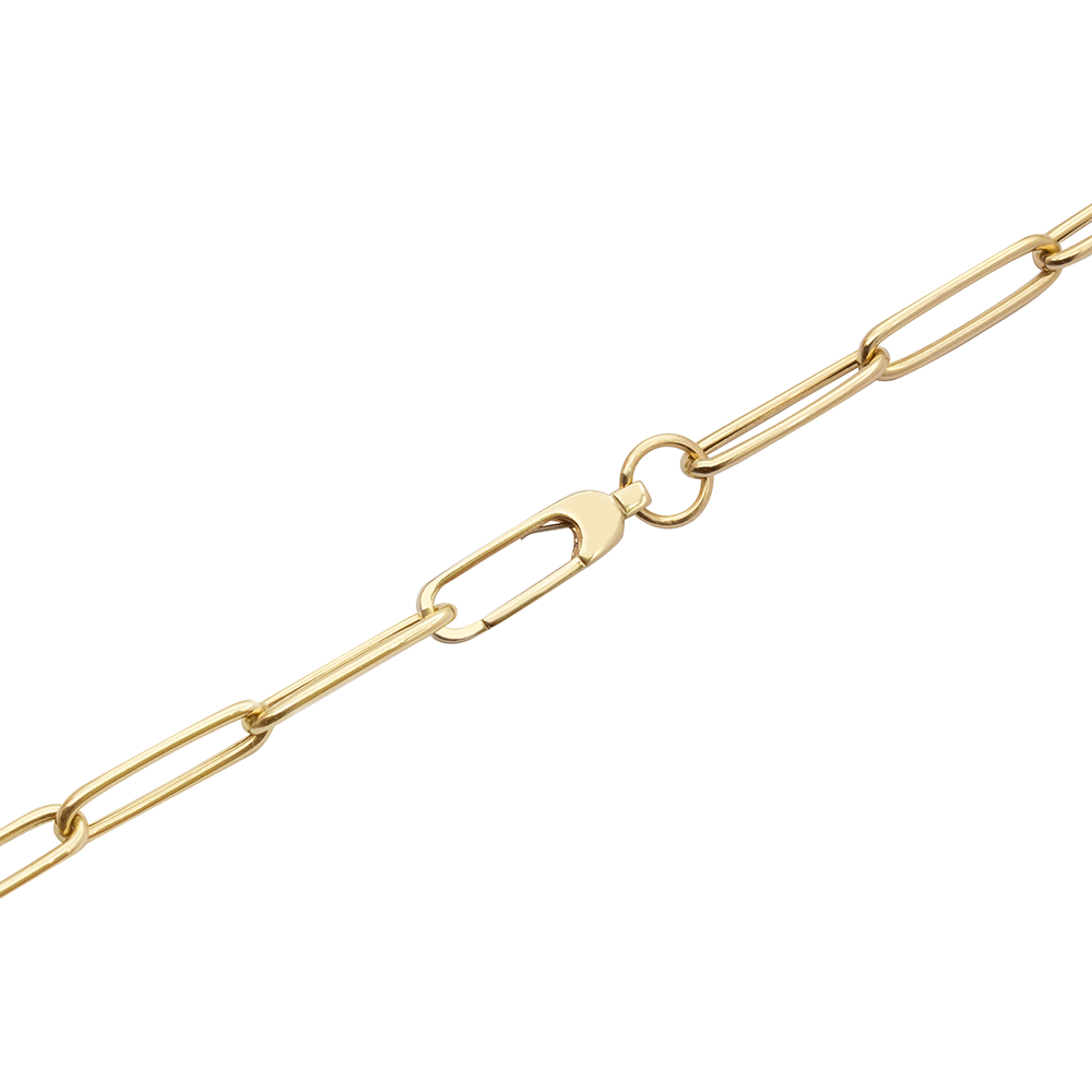 Gold paperclip chain featuring elongated rectangular links and a secure lobster claw clasp with a polished metallic finish.