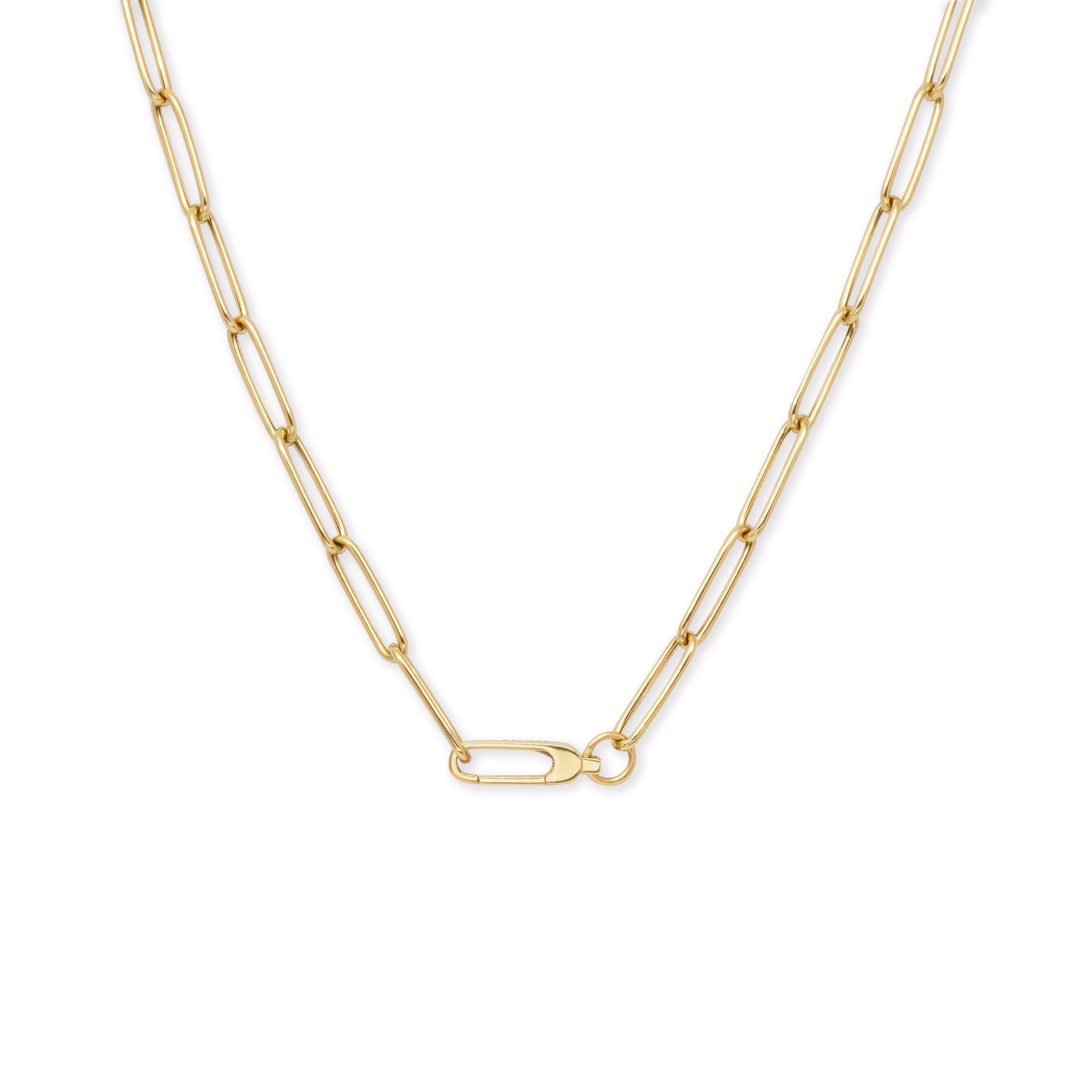 Gold paperclip chain necklace featuring elongated rectangular links and a secure lobster clasp closure on a white background.