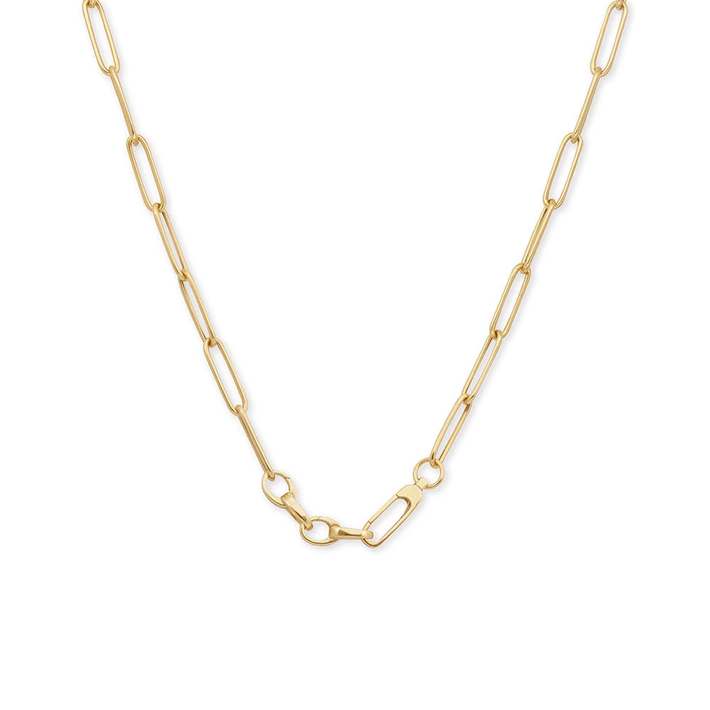 Gold paperclip link chain necklace featuring a minimalist design with elongated oval links and a secure lobster claw clasp.