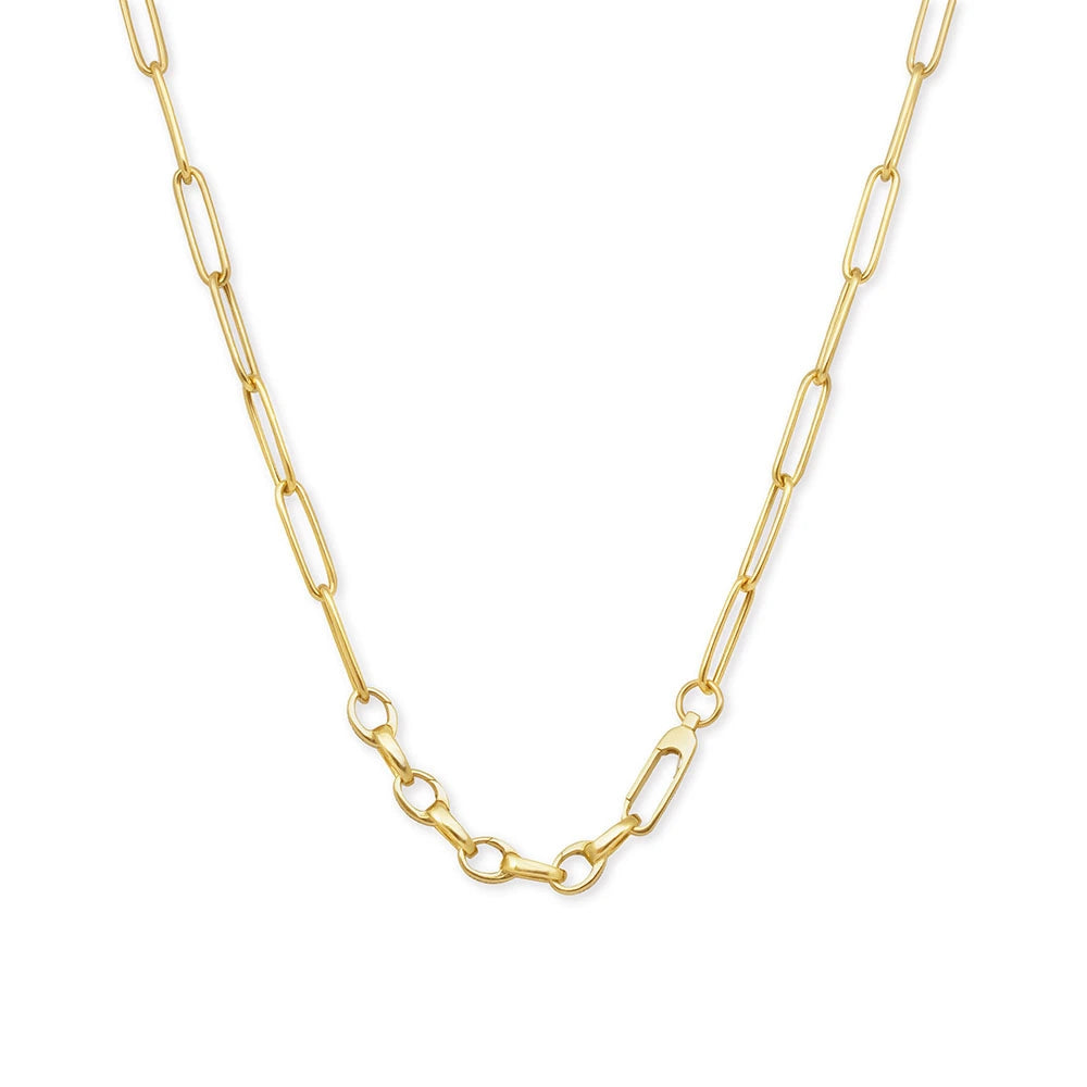 Gold paperclip link chain necklace featuring a polished finish, integrated lobster clasp, and varied circular connector link shapes.