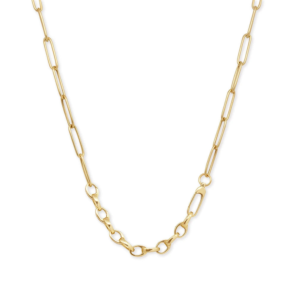 Gold paperclip chain necklace transitioning into rounded links with a secure lobster clasp closure and a polished gold finish.