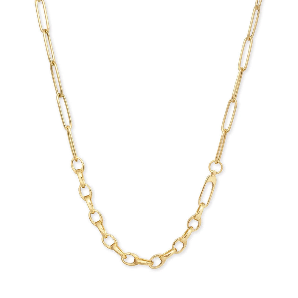 Gold charm necklace featuring a hybrid design with elongated paperclip links and rounded oval cable links in polished finish.