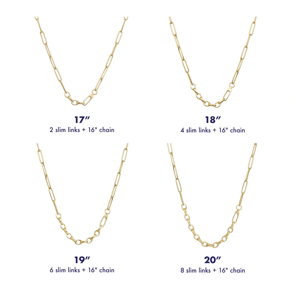 Gold paperclip chain necklace length guide showing various slim link configurations in seventeen, eighteen, nineteen, and twenty inch options.