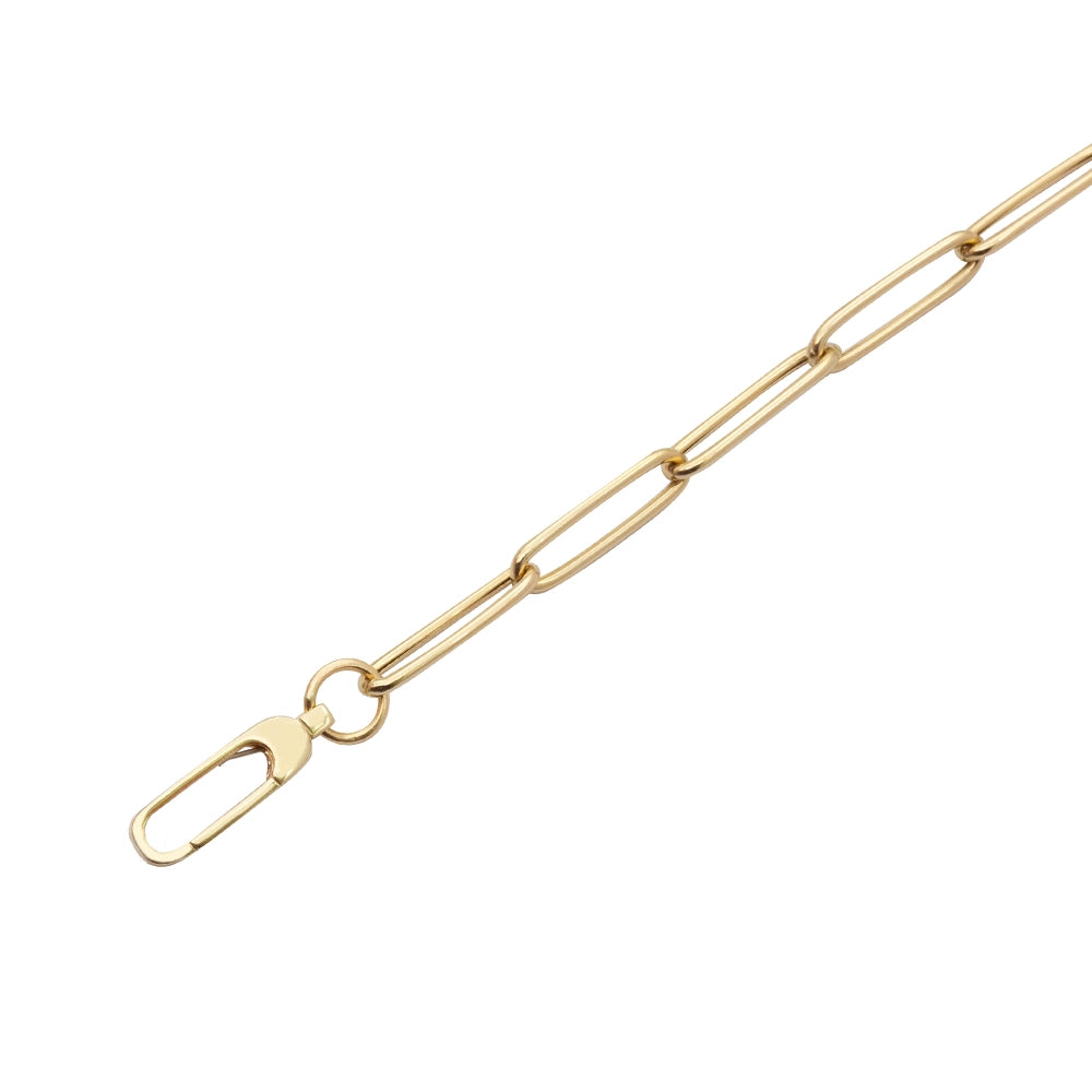 Gold paperclip link chain necklace featuring a lobster claw style clasp and elongated oval links with a polished finish.