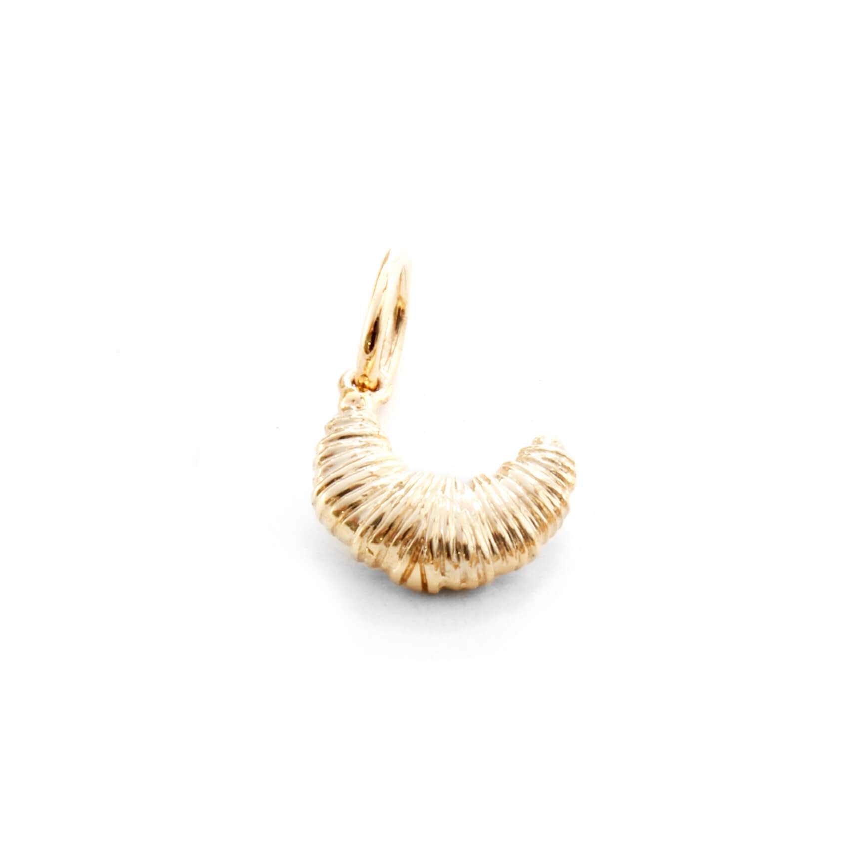 Gold Charm featuring a textured 3D croissant shape with detailed ridges, crescent silhouette, and polished gold finish and loop.