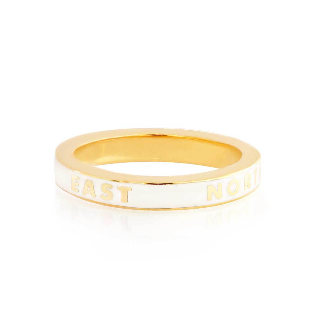 White Enamel Gold Travel Ring, North South East West - JET SET CANDY  (2276744396858)