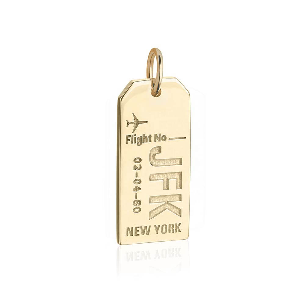 New York, NY | JFK Airport Luggage Tag Charm, Long | Gold Vermeil
