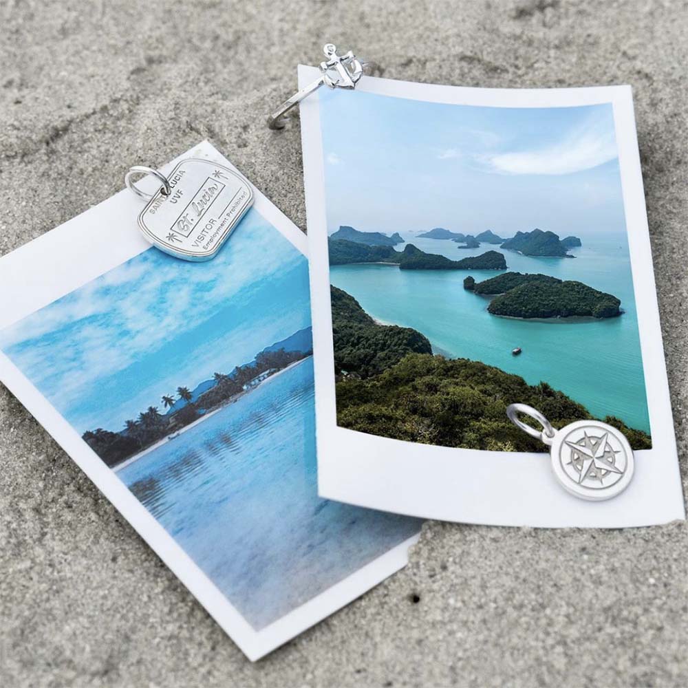 Silver Travel Charm, Saint Lucia Passport Stamp - JET SET CANDY (1720206852154)