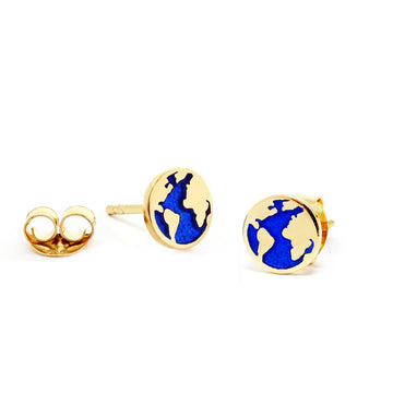 Blue Enamel Gold Globe Earrings