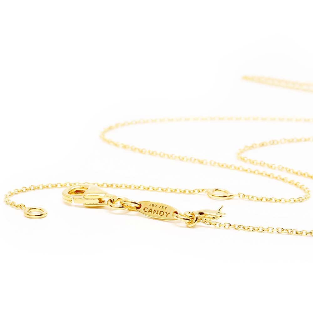 Gold vermeil cable chain shown in a snaking position on a white background with a focus on the small branded back tag that has “Jet Set Candy” engraved into and next to their tiny signature airplane charm that hangs next to the tag near the clasp at the back of the chain. Chains are available in lengths from 14