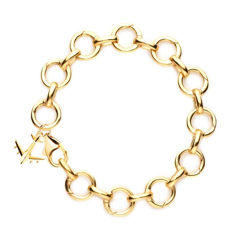 GOLD CHARM BRACELET WITH 5 LUGGAGE TAG CHARMS (MINI PLANE SHIPS JUNE) - JET SET CANDY  (4401088069720)