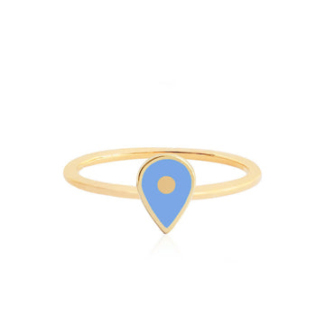 Solid Gold Map Pin Ring with Light Blue Enamel