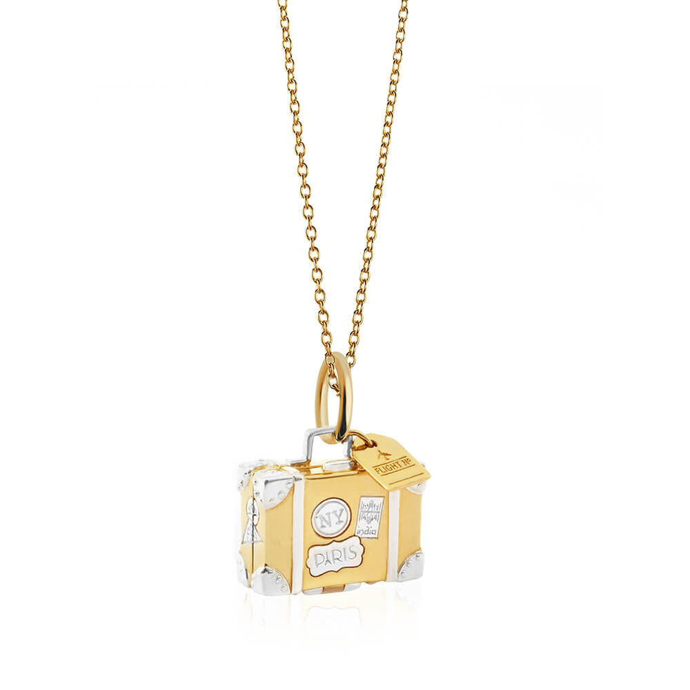 Vintage Suitcase with Stickers Charm Solid Gold