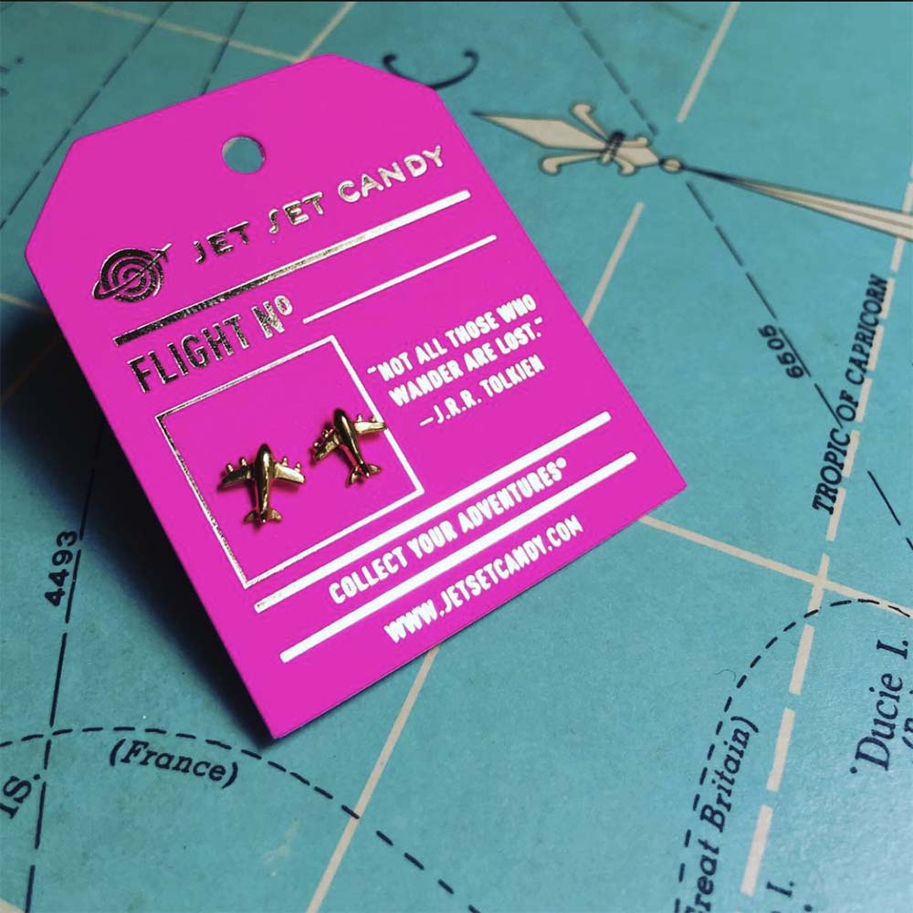 Solid Gold Airplane Earrings - JET SET CANDY (6605631094968)