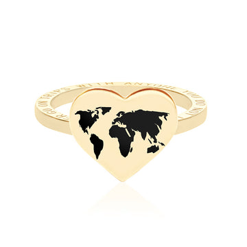 Gold World Heart Map Ring, Black Enamel