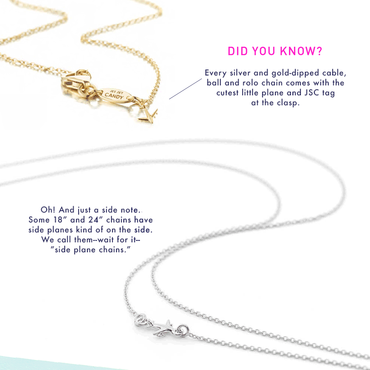 Animated gif featuring both a gold cable chain as well as a sterling silver cable chain shown in a snaking position on a white background with a focus on the small branded back tag that has “Jet Set Candy” engraved into and next to their tiny signature airplane charm that hangs next to the tag near the clasp at the back of the chain. There are pink circles blinking on top of the tiny airplane charm details and annotations pointing them out.