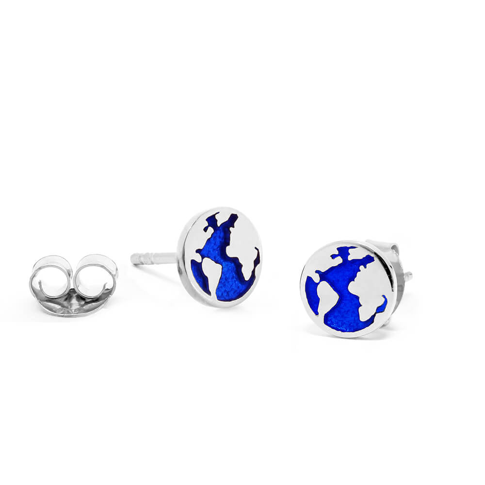 Blue Enamel Silver Globe Earrings - JET SET CANDY (7824569499896)