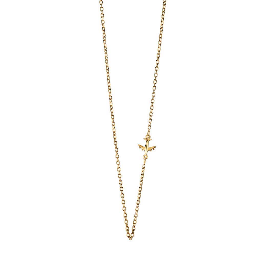 Gold vermeil “side plane” cable chain from Jet Set Candy featuring a tiny 7 mm long gold airplane charm in the middle of the side of the chain. The chain is shown here in a snaking position atop a white background.