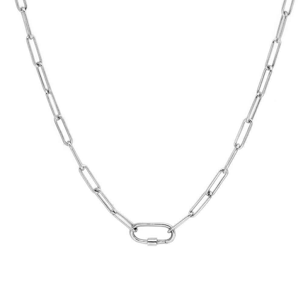 The Daily Charm Necklace in sterling silver from Jet Set Candy. The necklace features long rectangular links with rounded corners and an inch-long carabiner that opens via a screw closure and allows for charms to be added. The necklace is shown in a V shape on a white background.