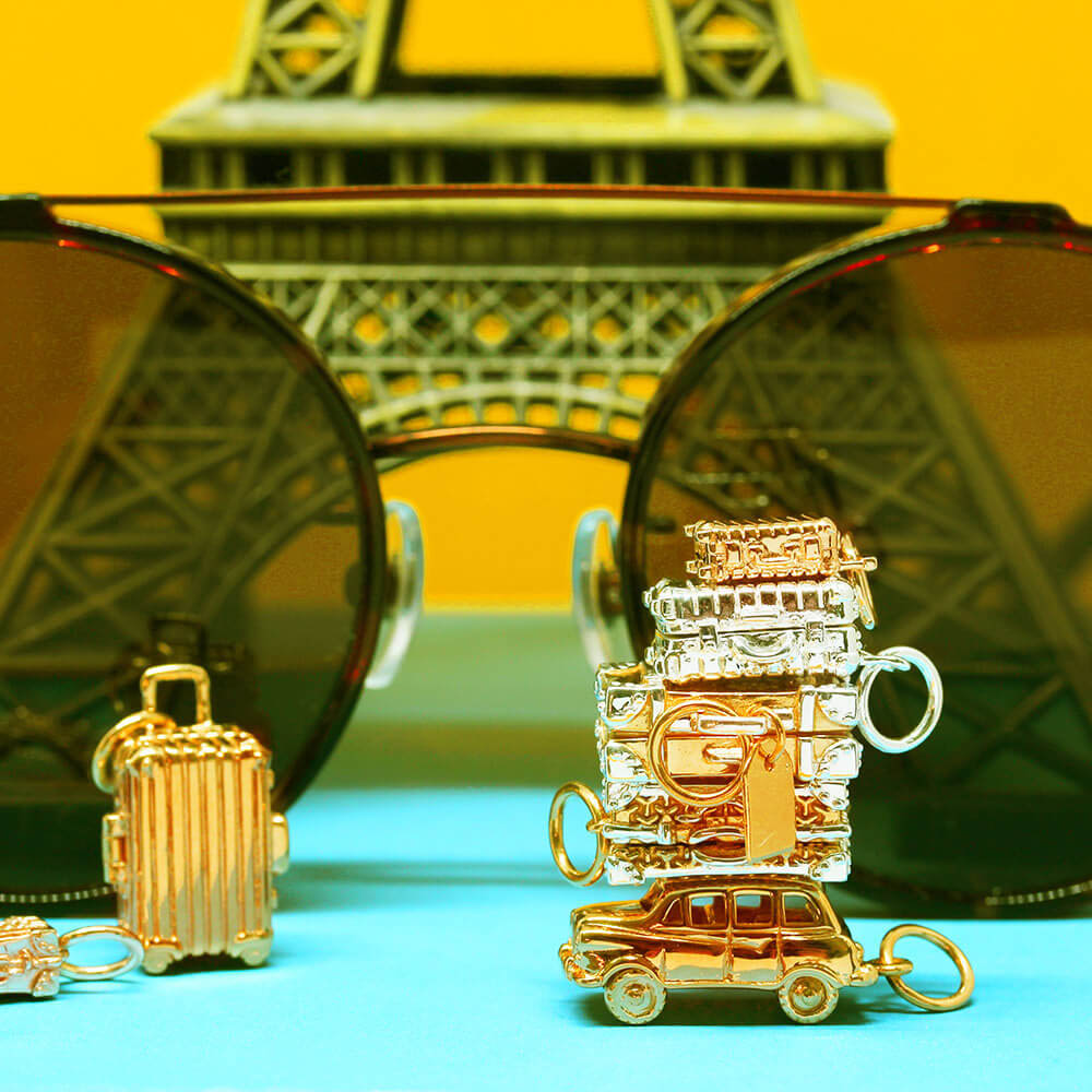 Gold Vintage Suitcase Charm with Stickers - JET SET CANDY (7532598657272)
