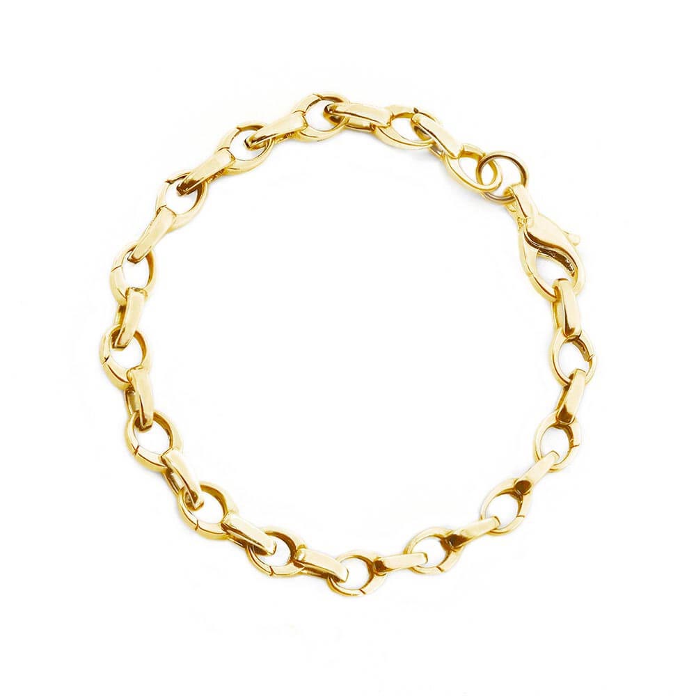 Solid 14k Gold Slim  Infinity Link Charm Bracelet from Jet Set Candy. Each of the 15 oval links of the charm bracelet opens via a spring hinge so charms can easily be attached. The bracelet is shown in a circle shape and photographed on a white background. More links can be added to make it longer or even to convert it into a necklace and links can be removed for smaller wrists. The bracelet is made in Italy.